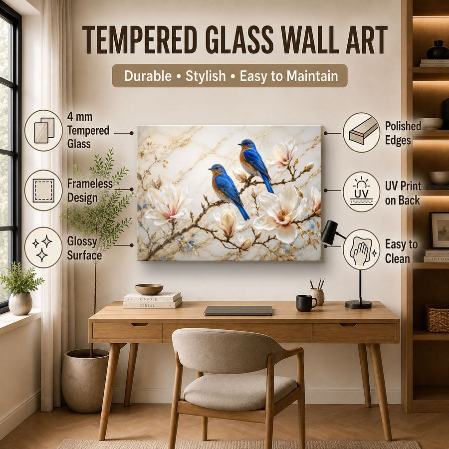 Birds Peacocks 10 tempered glass wall art displayed in a Office Wall Art — premium UV-printed glass panel by Glass Wall Decor