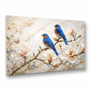Bluebirds on Gold Leaves Tempered Glass Wall Art