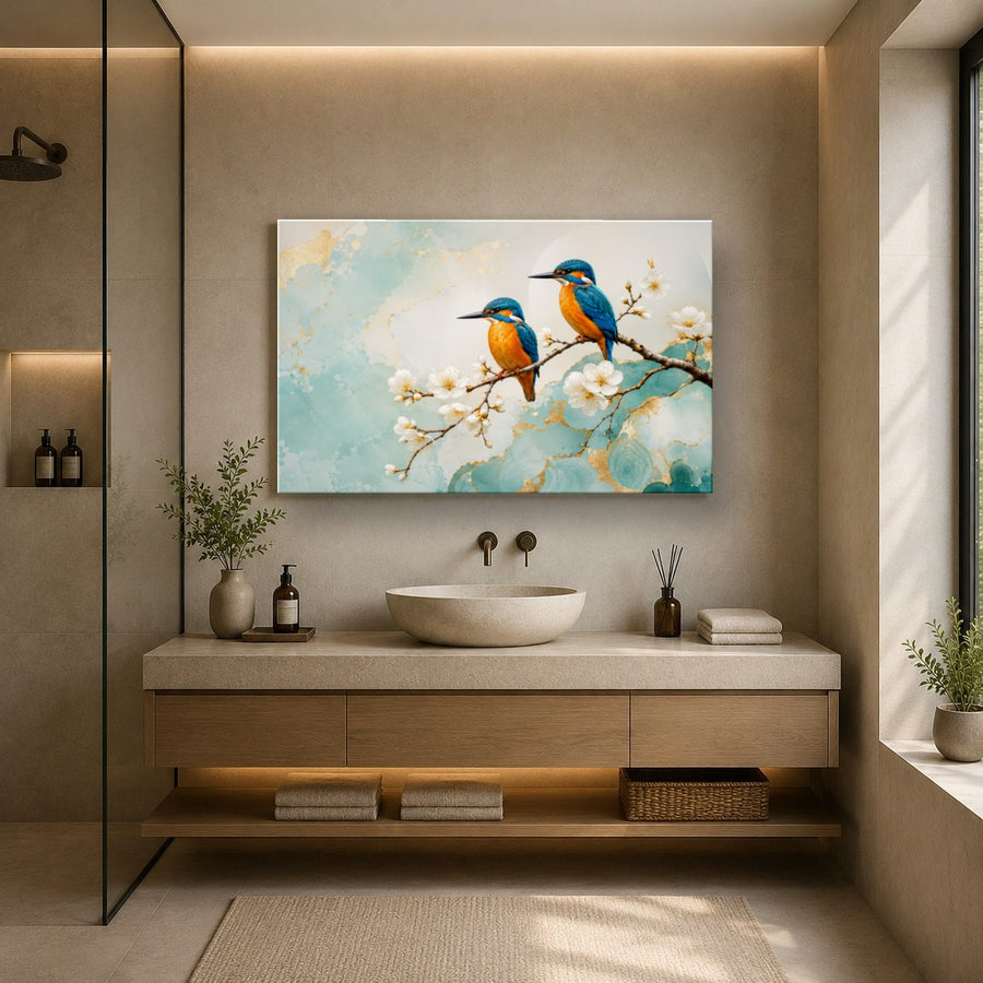 Birds Peacocks 3 tempered glass wall art displayed in a Bathroom Wall Art — premium UV-printed glass panel by Glass Wall Decor