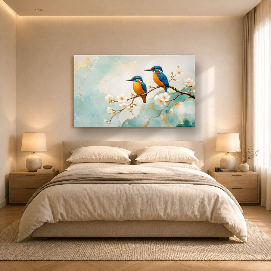 Birds Peacocks 3 tempered glass wall art displayed in a Bedroom Wall Art — premium UV-printed glass panel by Glass Wall Decor