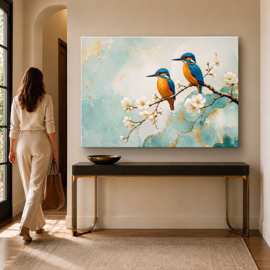 Birds Peacocks 3 tempered glass wall art displayed in a Entryway Wall Art — premium UV-printed glass panel by Glass Wall Decor