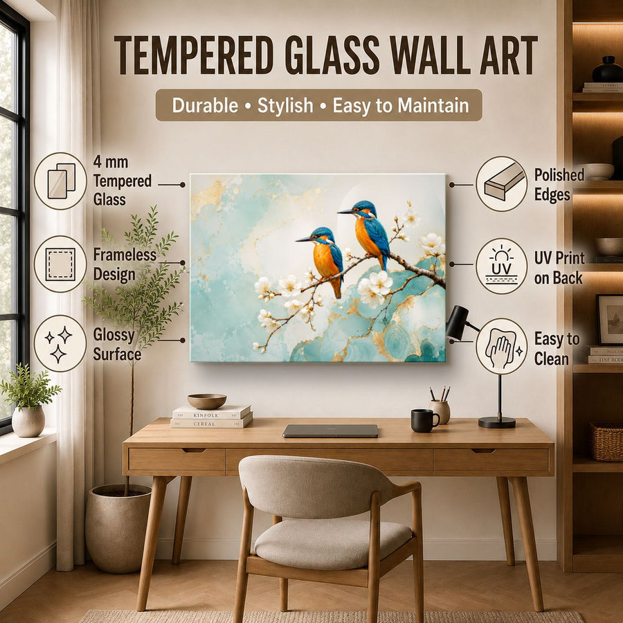 Birds Peacocks 3 tempered glass wall art displayed in a Office Wall Art — premium UV-printed glass panel by Glass Wall Decor