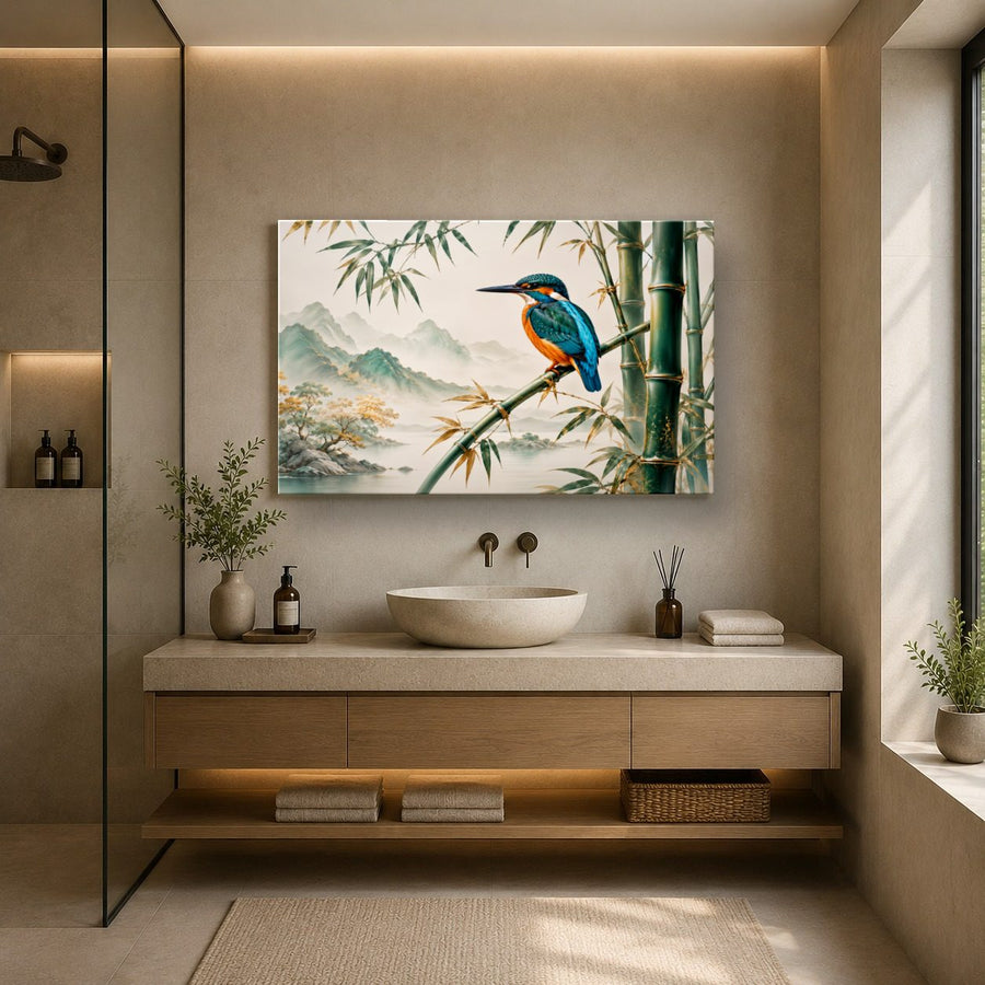 Birds Peacocks 4 tempered glass wall art displayed in a Bathroom Wall Art — premium UV-printed glass panel by Glass Wall Decor