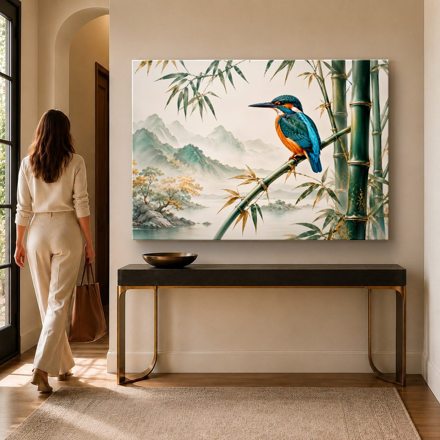 Birds Peacocks 4 tempered glass wall art displayed in a Entryway Wall Art — premium UV-printed glass panel by Glass Wall Decor