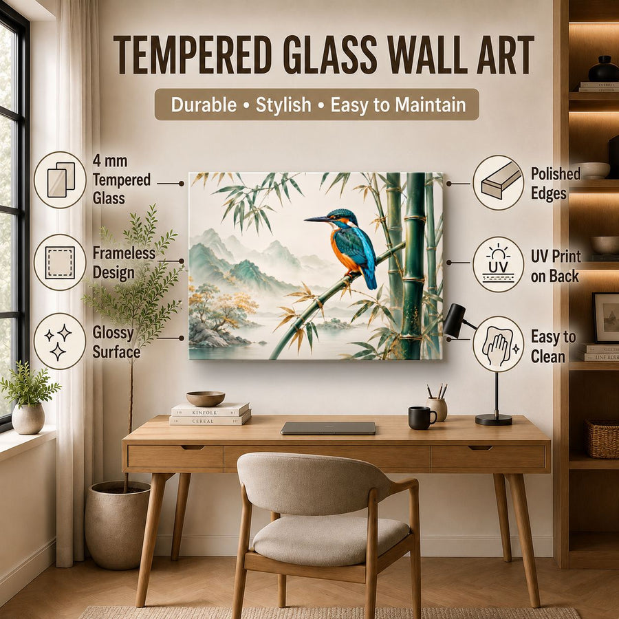 Birds Peacocks 4 tempered glass wall art displayed in a Office Wall Art — premium UV-printed glass panel by Glass Wall Decor