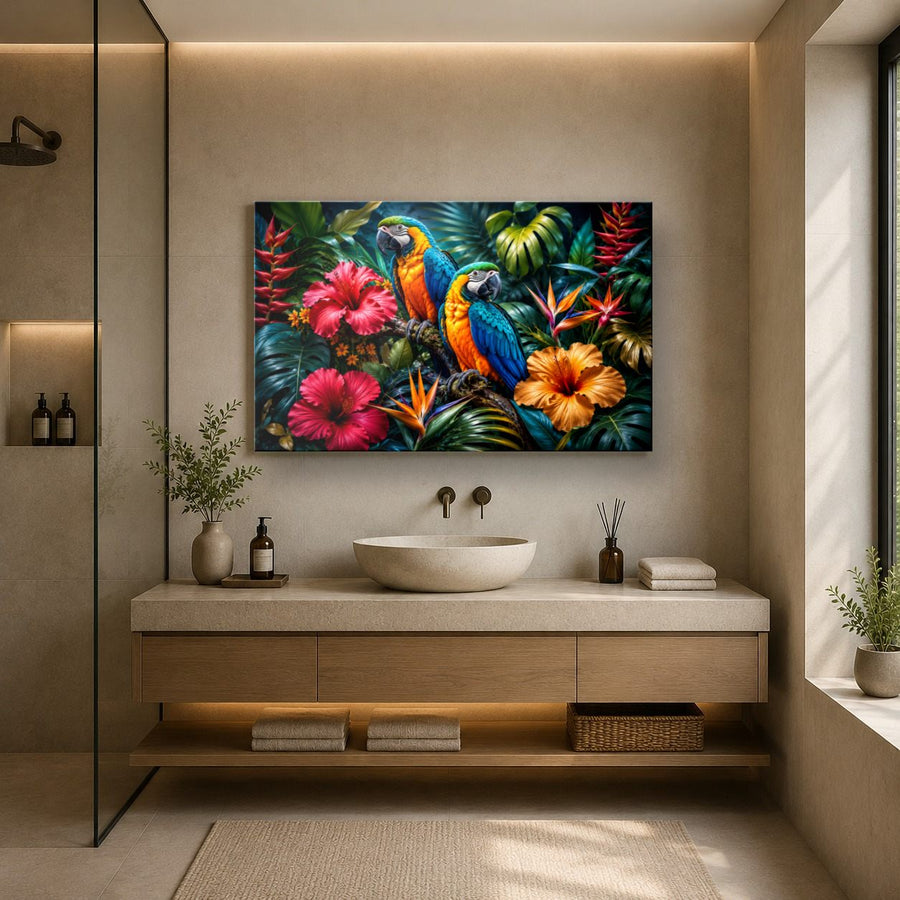 Birds Peacocks 5 tempered glass wall art displayed in a Bathroom Wall Art — premium UV-printed glass panel by Glass Wall Decor