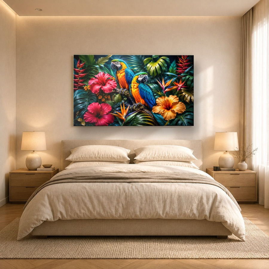 Birds Peacocks 5 tempered glass wall art displayed in a Bedroom Wall Art — premium UV-printed glass panel by Glass Wall Decor