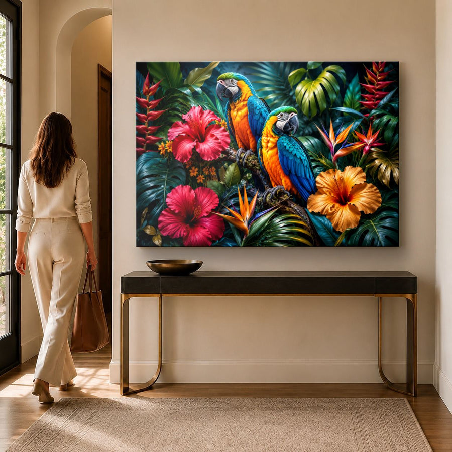 Birds Peacocks 5 tempered glass wall art displayed in a Entryway Wall Art — premium UV-printed glass panel by Glass Wall Decor
