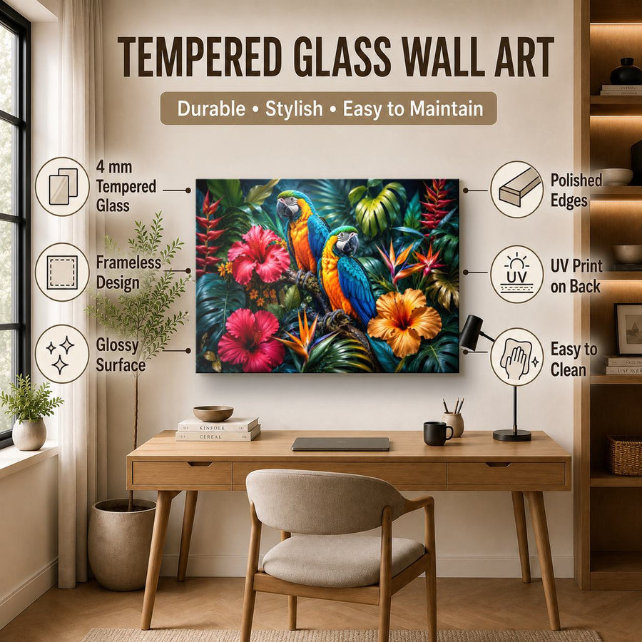 Birds Peacocks 5 tempered glass wall art displayed in a Office Wall Art — premium UV-printed glass panel by Glass Wall Decor