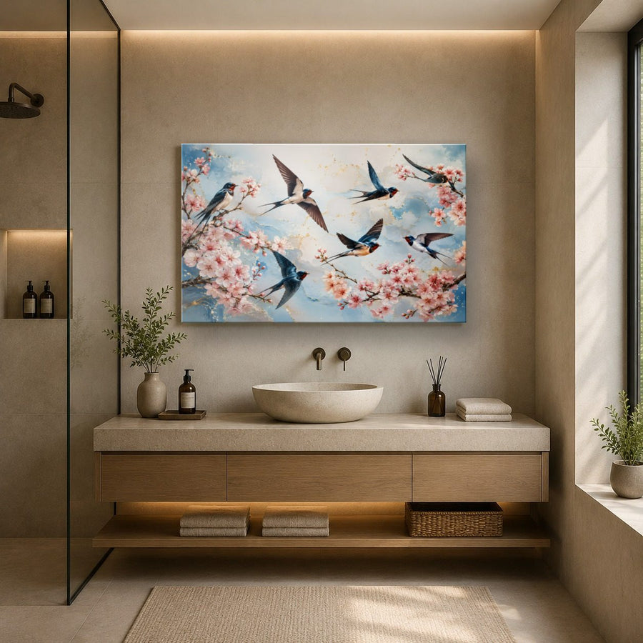 Birds Peacocks 6 tempered glass wall art displayed in a Bathroom Wall Art — premium UV-printed glass panel by Glass Wall Decor
