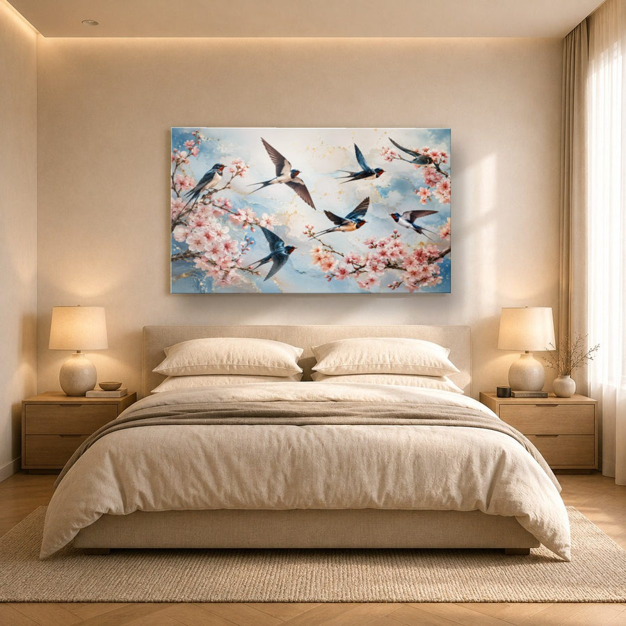 Birds Peacocks 6 tempered glass wall art displayed in a Bedroom Wall Art — premium UV-printed glass panel by Glass Wall Decor