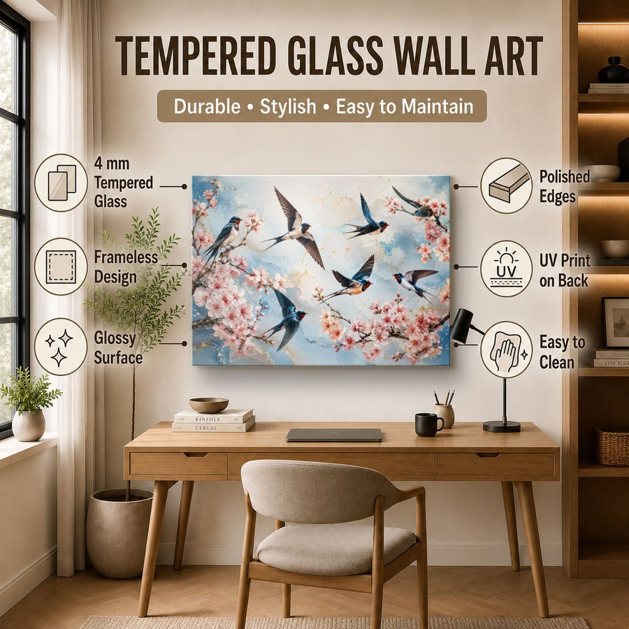 Birds Peacocks 6 tempered glass wall art displayed in a Office Wall Art — premium UV-printed glass panel by Glass Wall Decor