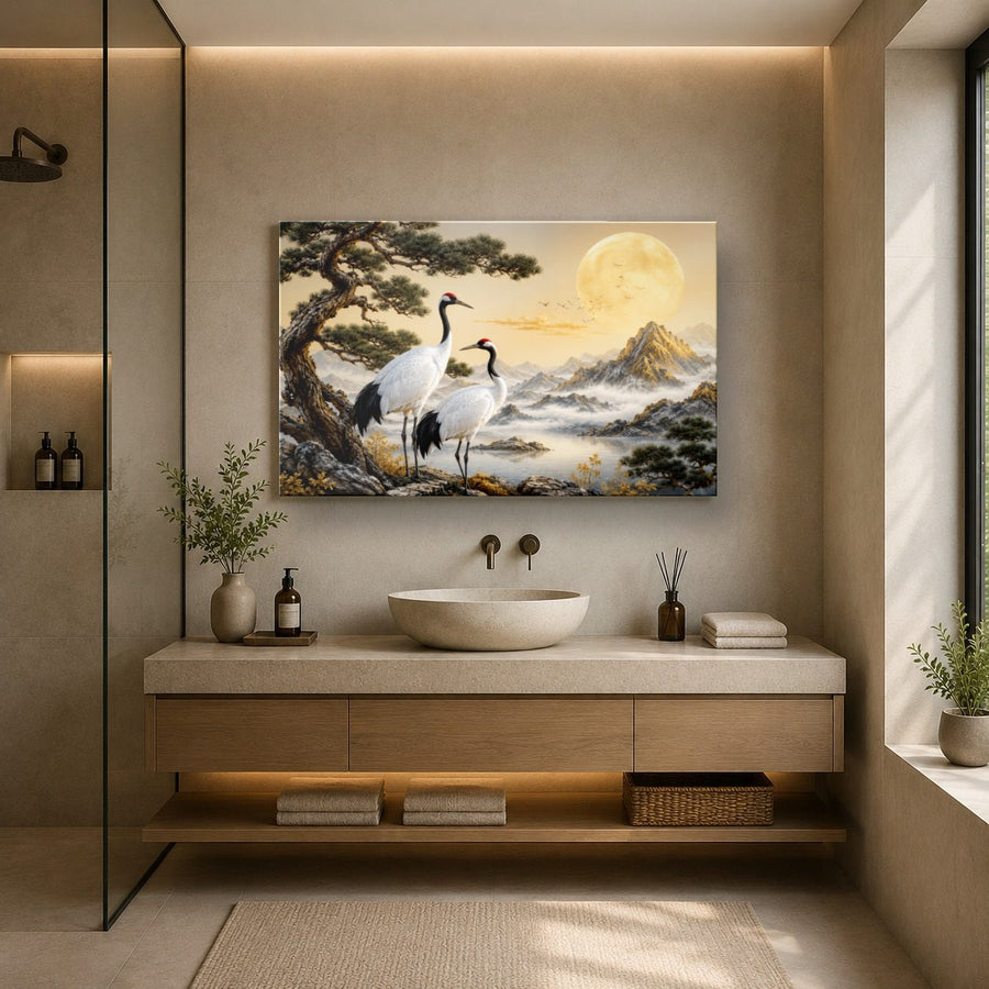 Birds Peacocks 7 tempered glass wall art displayed in a Bathroom Wall Art — premium UV-printed glass panel by Glass Wall Decor