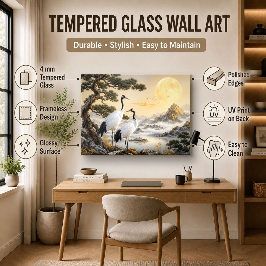 Birds Peacocks 7 tempered glass wall art displayed in a Office Wall Art — premium UV-printed glass panel by Glass Wall Decor