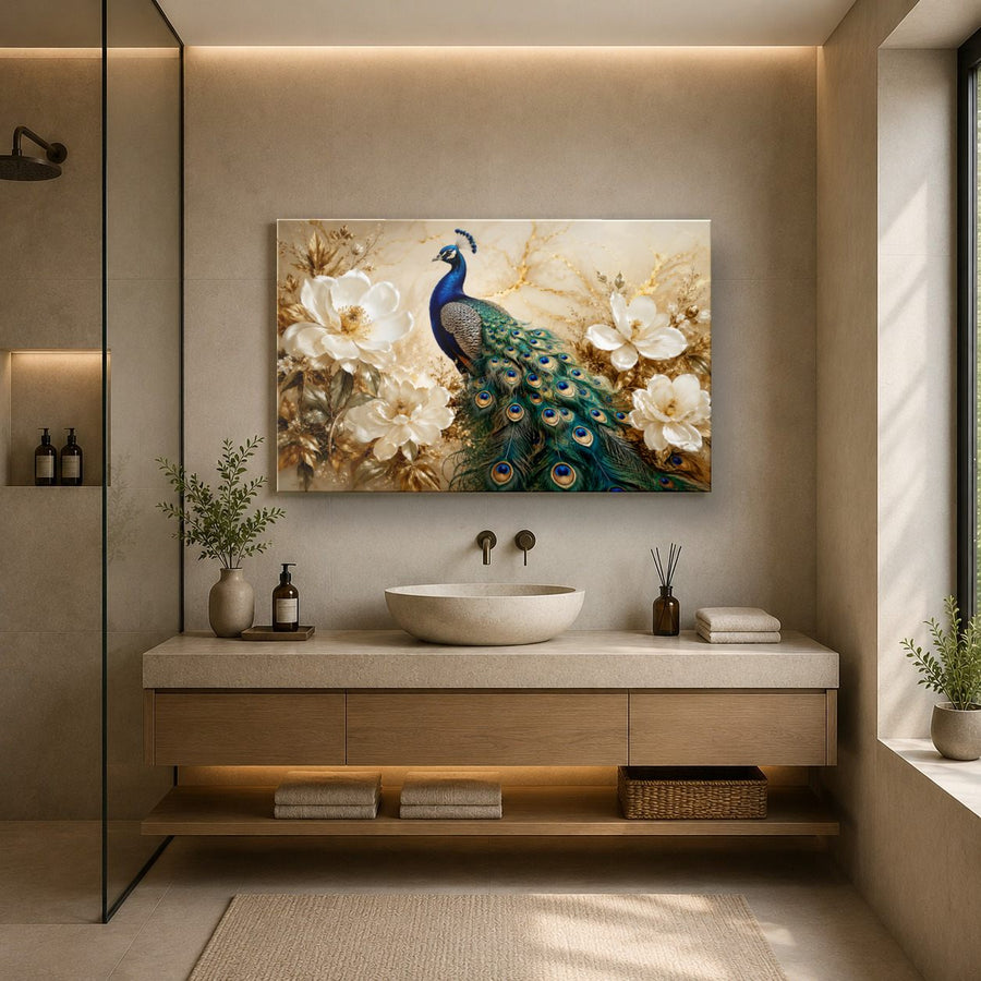 Birds Peacocks 8 tempered glass wall art displayed in a Bathroom Wall Art — premium UV-printed glass panel by Glass Wall Decor