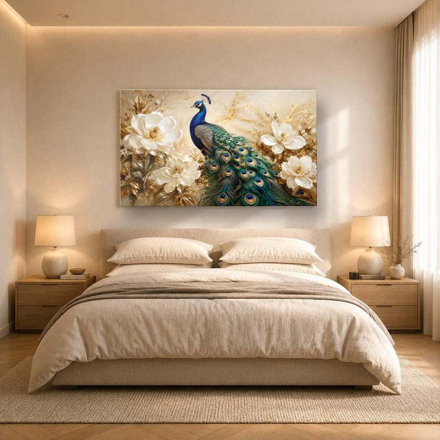 Birds Peacocks 8 tempered glass wall art displayed in a Bedroom Wall Art — premium UV-printed glass panel by Glass Wall Decor
