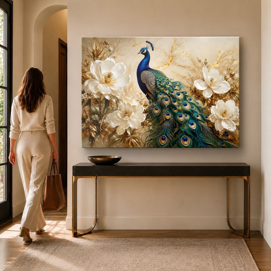 Birds Peacocks 8 tempered glass wall art displayed in a Entryway Wall Art — premium UV-printed glass panel by Glass Wall Decor