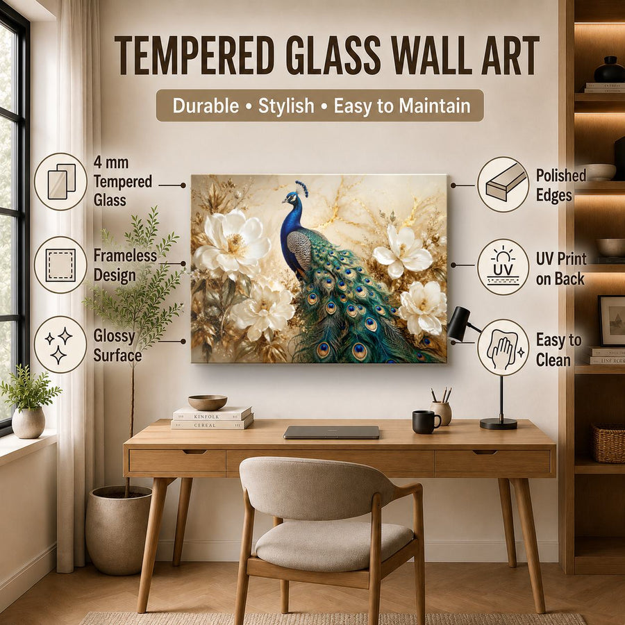 Birds Peacocks 8 tempered glass wall art displayed in a Office Wall Art — premium UV-printed glass panel by Glass Wall Decor