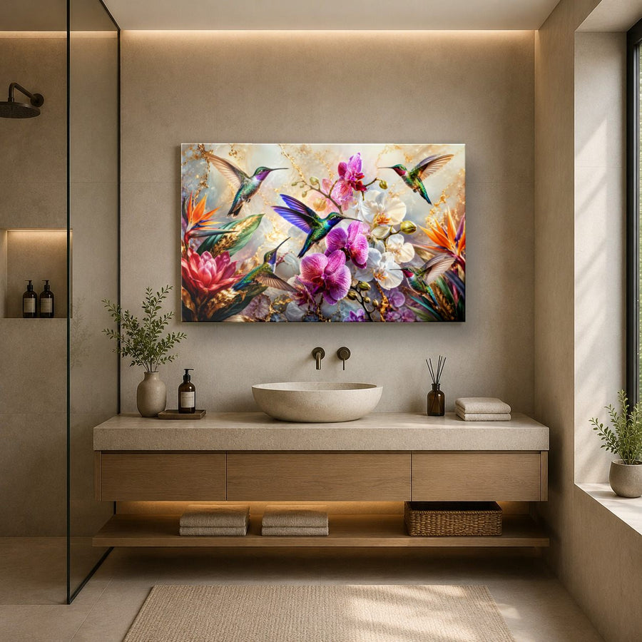 Birds Peacocks 9 tempered glass wall art displayed in a Bathroom Wall Art — premium UV-printed glass panel by Glass Wall Decor