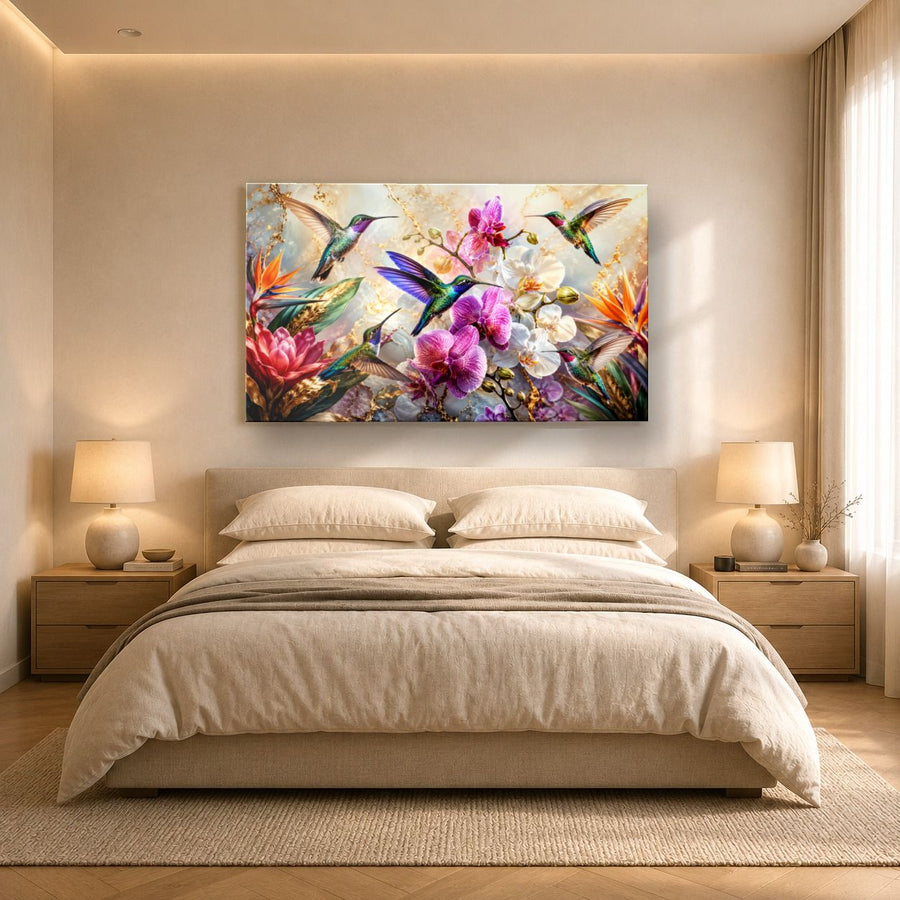 Birds Peacocks 9 tempered glass wall art displayed in a Bedroom Wall Art — premium UV-printed glass panel by Glass Wall Decor