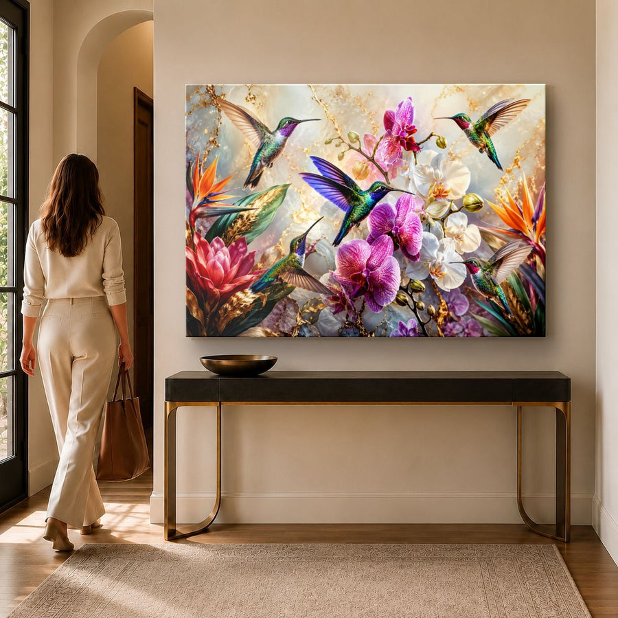 Birds Peacocks 9 tempered glass wall art displayed in a Entryway Wall Art — premium UV-printed glass panel by Glass Wall Decor