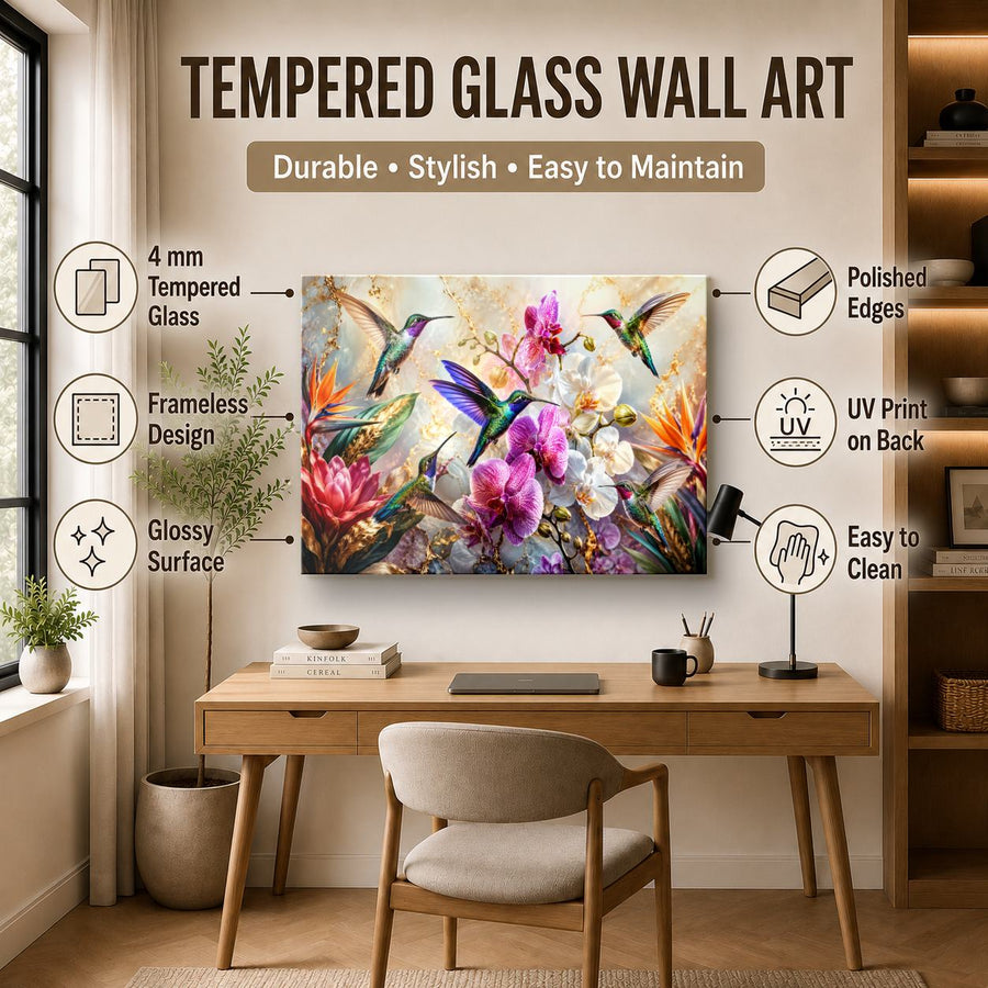 Birds Peacocks 9 tempered glass wall art displayed in a Office Wall Art — premium UV-printed glass panel by Glass Wall Decor