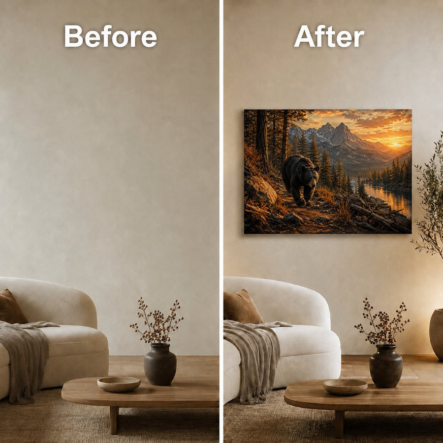Before-and-after comparison showing a framed wall art print in a living room. On the left, the room has a plain beige wall.