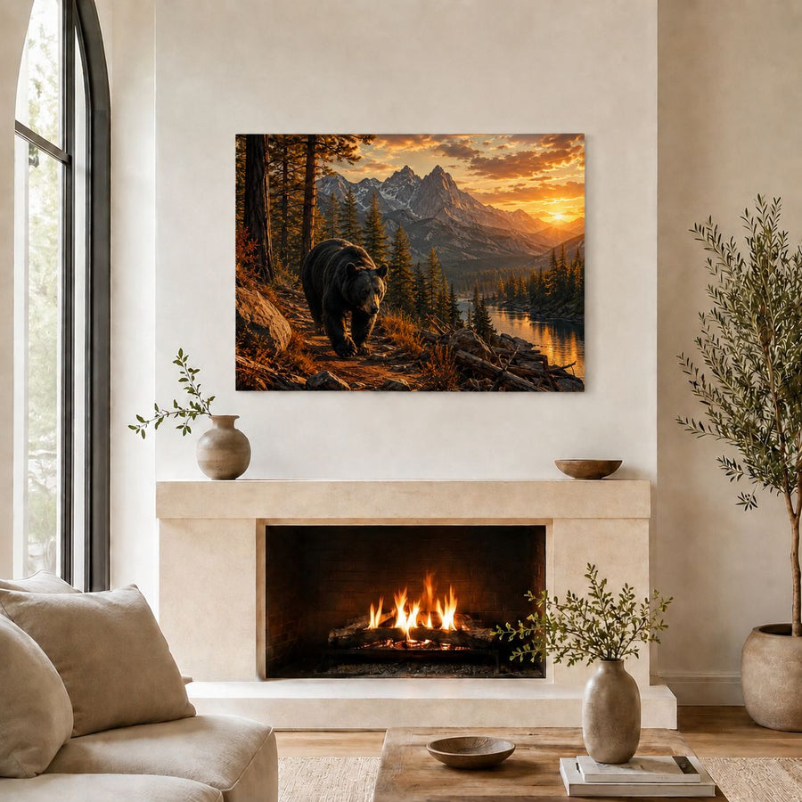 A rectangular wall art print showing a bear walking through a forest beside a lake at sunset, displayed above a fireplace in a styled living room with a sofa, vases, and potted plants.