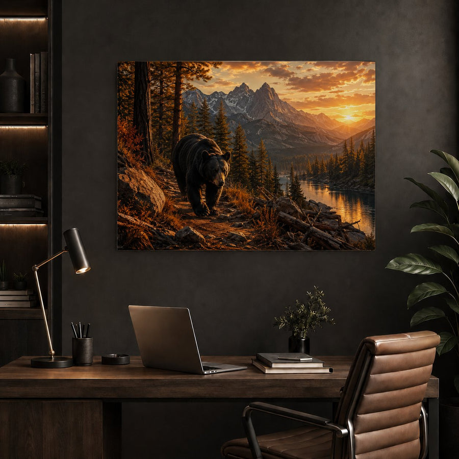 A large rectangular wall art print showing a bear walking along a forest path beside a lake at sunset, displayed above a dark wood desk in a modern home office setting.