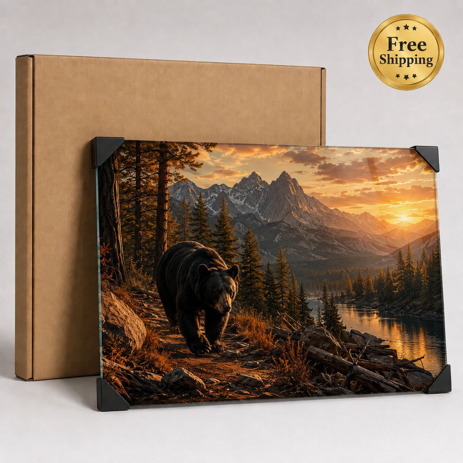 A rectangular canvas or print leaning against a kraft paper box, showing a scenic landscape with a bear walking along a forest path beside a lake at sunset. A gold 'Free Shipping' badge appears in the top right corner.