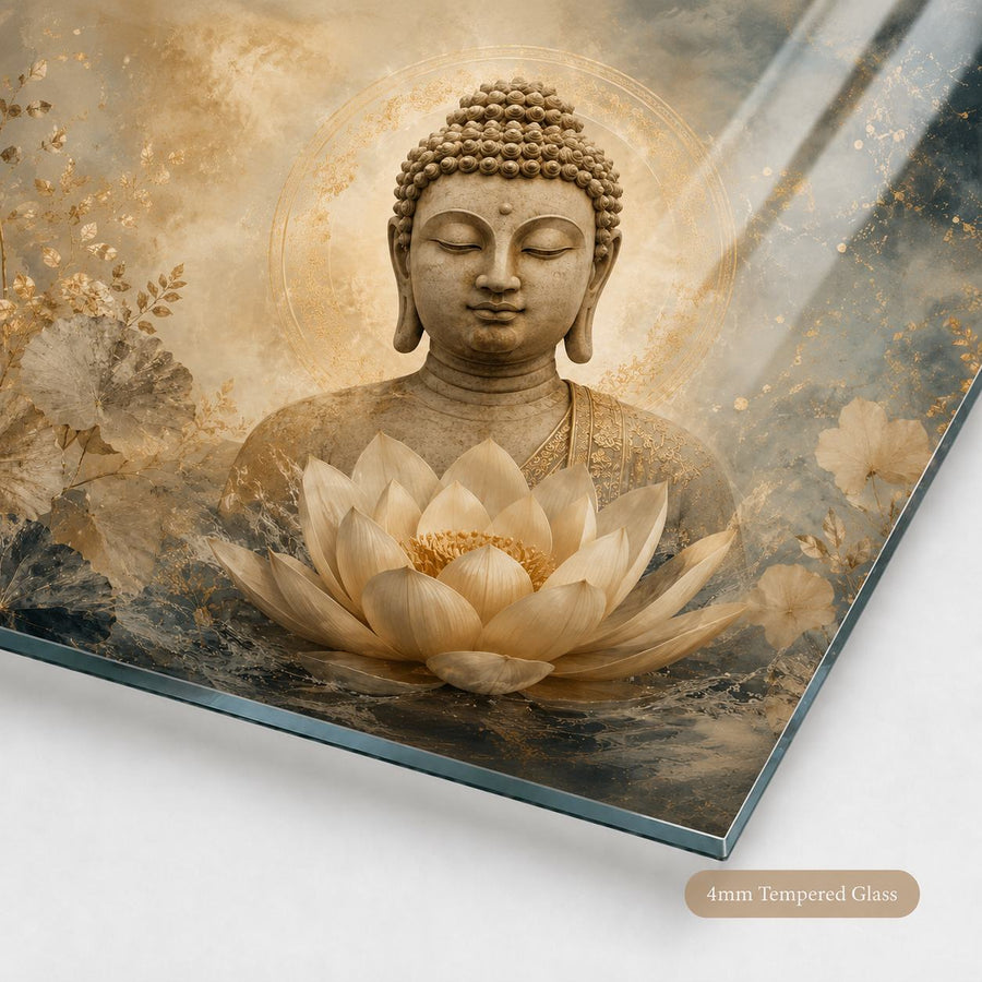 Tempered glass wall art featuring a serene Buddha bust with a lotus flower, shown at an angle on a white background with a '4mm Tempered Glass' label.