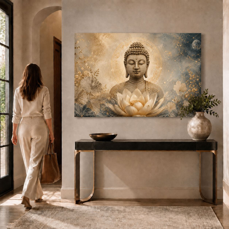 A woman in a cream outfit walks past a console table toward a large wall art print depicting a serene Buddha head above a lotus flower in a glowing celestial scene. The room has warm neutral walls, a dark console table, a vase with greenery, and a window on the left.