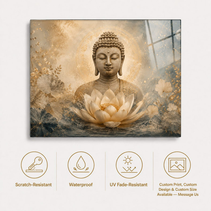 A rectangular wall art print featuring a serene Buddha statue above a lotus flower, shown on a light neutral background with feature icons below for scratch resistance, waterproofing, UV fade resistance, and custom print options.