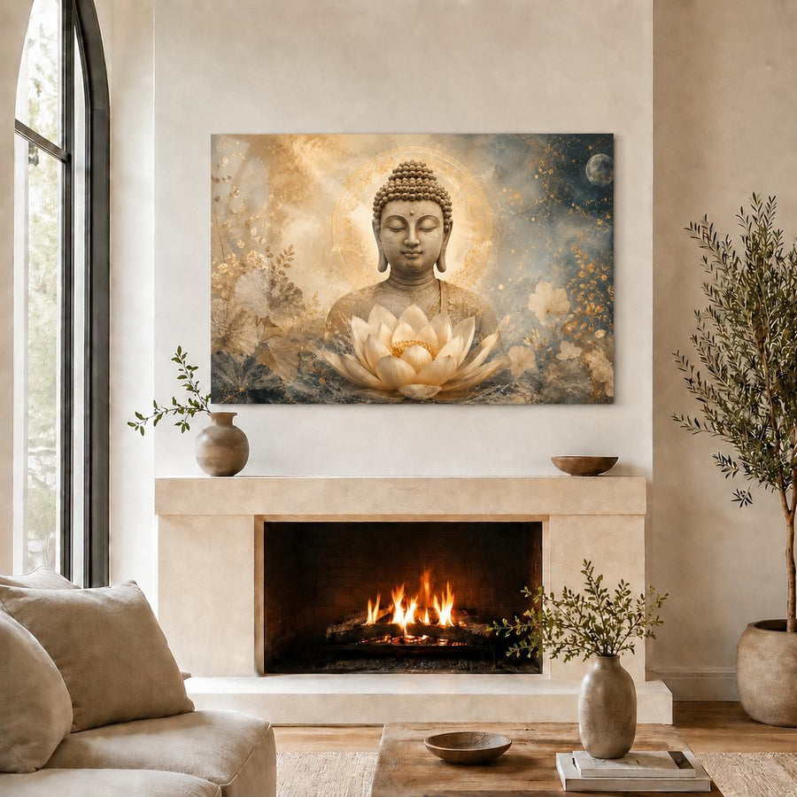 A large rectangular wall art print depicting a serene Buddha meditating above a lotus flower, displayed above a fireplace in a styled living room with a sofa, plants, and vases.
