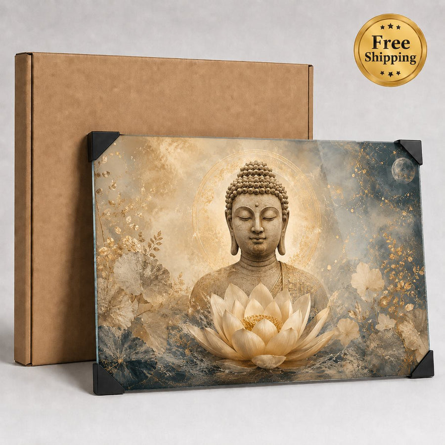 A rectangular decorative print or canvas featuring a serene Buddha statue with a large lotus flower in front, shown in front of a plain brown box on a light gray surface. A gold 'Free Shipping' badge appears in the top-right corner.
