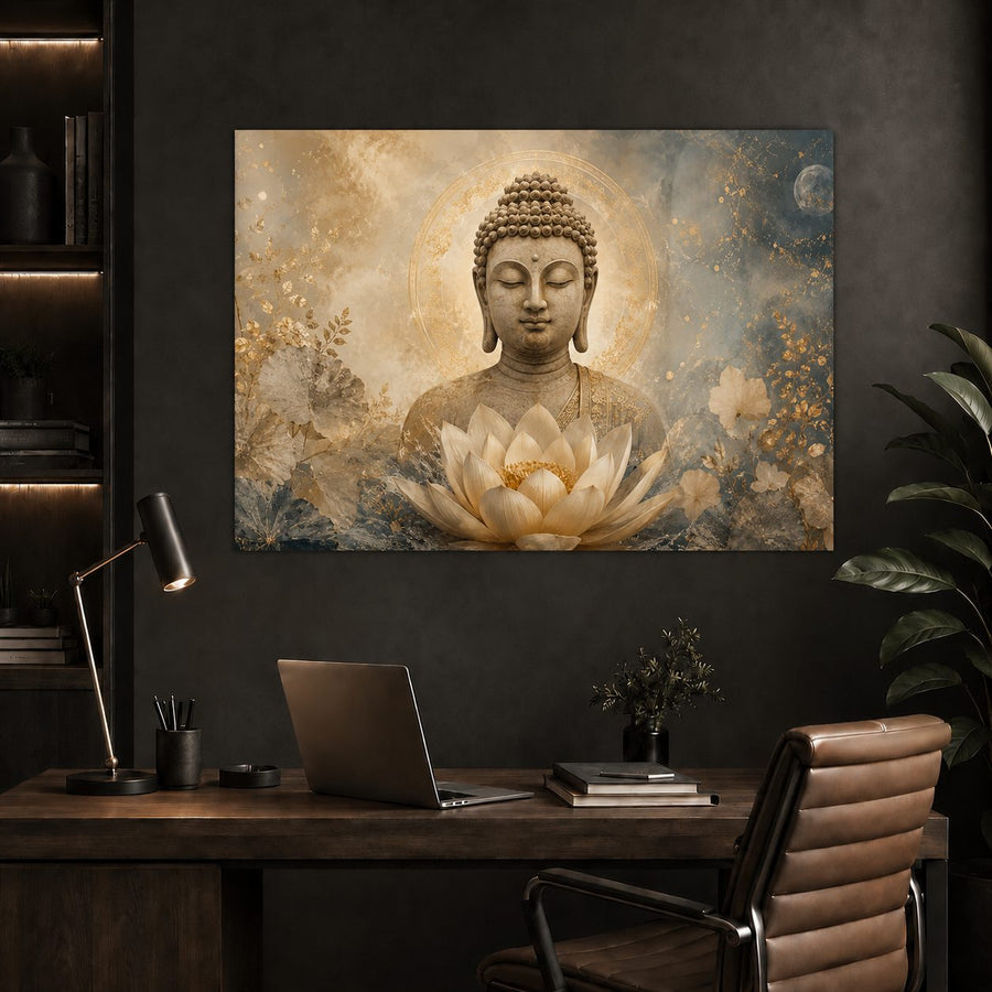 A large rectangular wall art print featuring a serene Buddha bust above a white lotus flower, displayed in a styled home office setting above a wooden desk with a laptop, lamp, chair, and plants.