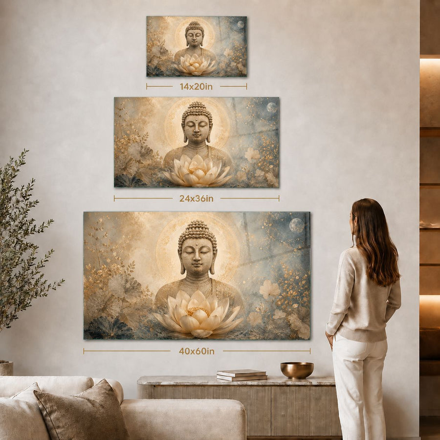 Three-panel wall art set featuring a serene Buddha meditating above a lotus flower, shown hanging on a beige wall in a living room. The panels are labeled 14x20in, 24x30in, and 40x60in, with a woman standing to the right viewing the artwork.