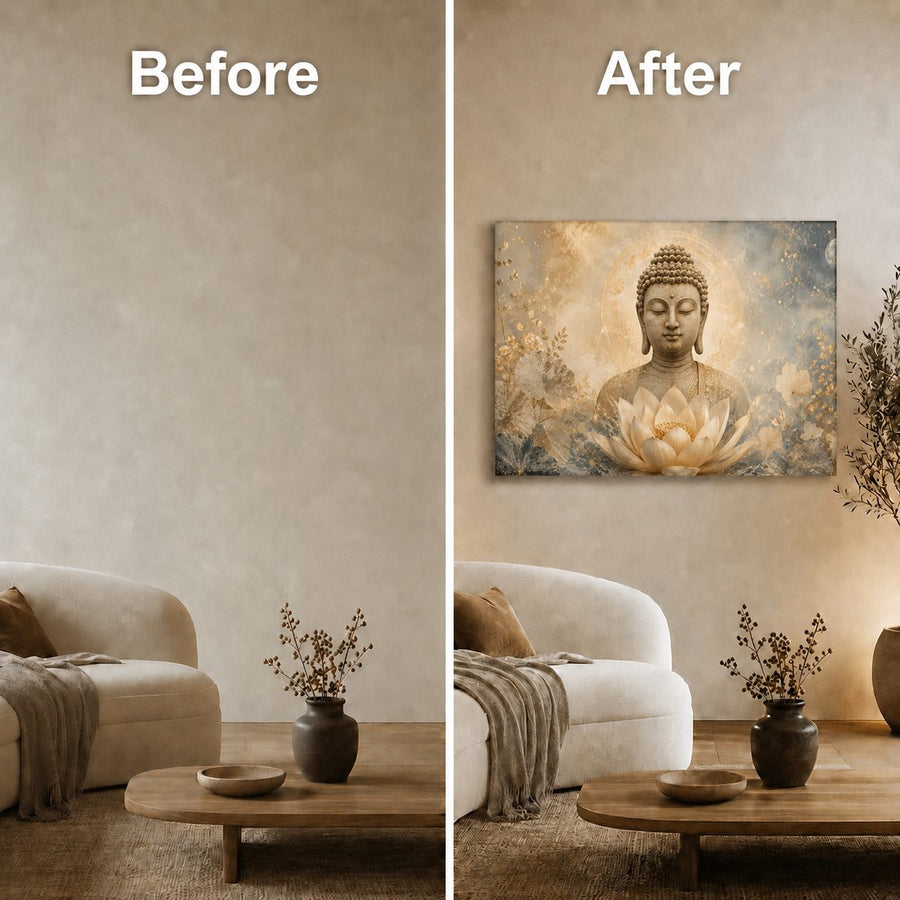 A side-by-side before and after comparison showing a framed wall art print hanging above a sofa in a living room. The left side shows a plain beige wall labeled 'Before,' and the right side shows the same wall with the artwork installed, labeled 'After.