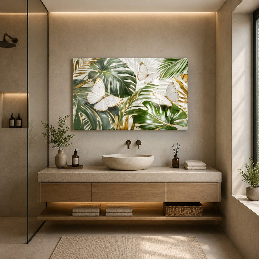 Butterflies 1 tempered glass wall art displayed in a Bathroom Wall Art — premium UV-printed glass panel by Glass Wall Decor