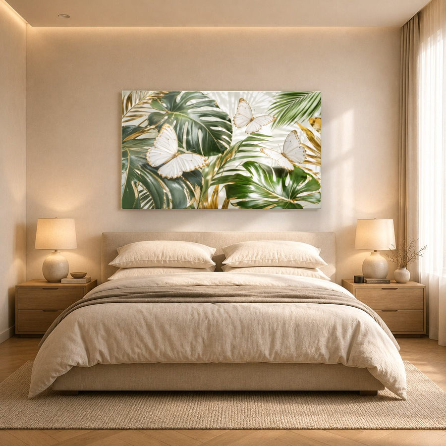 Butterflies 1 tempered glass wall art displayed in a Bedroom Wall Art — premium UV-printed glass panel by Glass Wall Decor