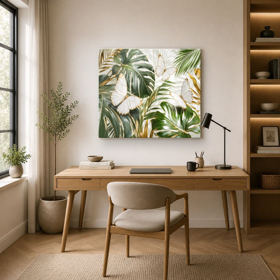 Butterflies 1 tempered glass wall art displayed in a Office Wall Art — premium UV-printed glass panel by Glass Wall Decor