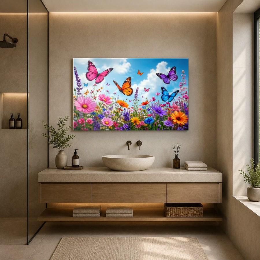 Butterflies 10 tempered glass wall art displayed in a Bathroom Wall Art — premium UV-printed glass panel by Glass Wall Decor