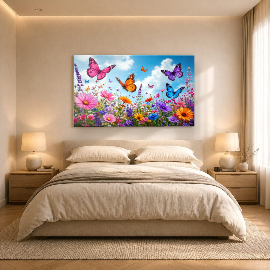Butterflies 10 tempered glass wall art displayed in a Bedroom Wall Art — premium UV-printed glass panel by Glass Wall Decor