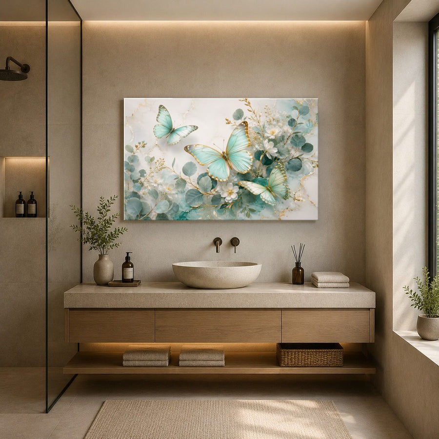 Butterflies 2 tempered glass wall art displayed in a Bathroom Wall Art — premium UV-printed glass panel by Glass Wall Decor