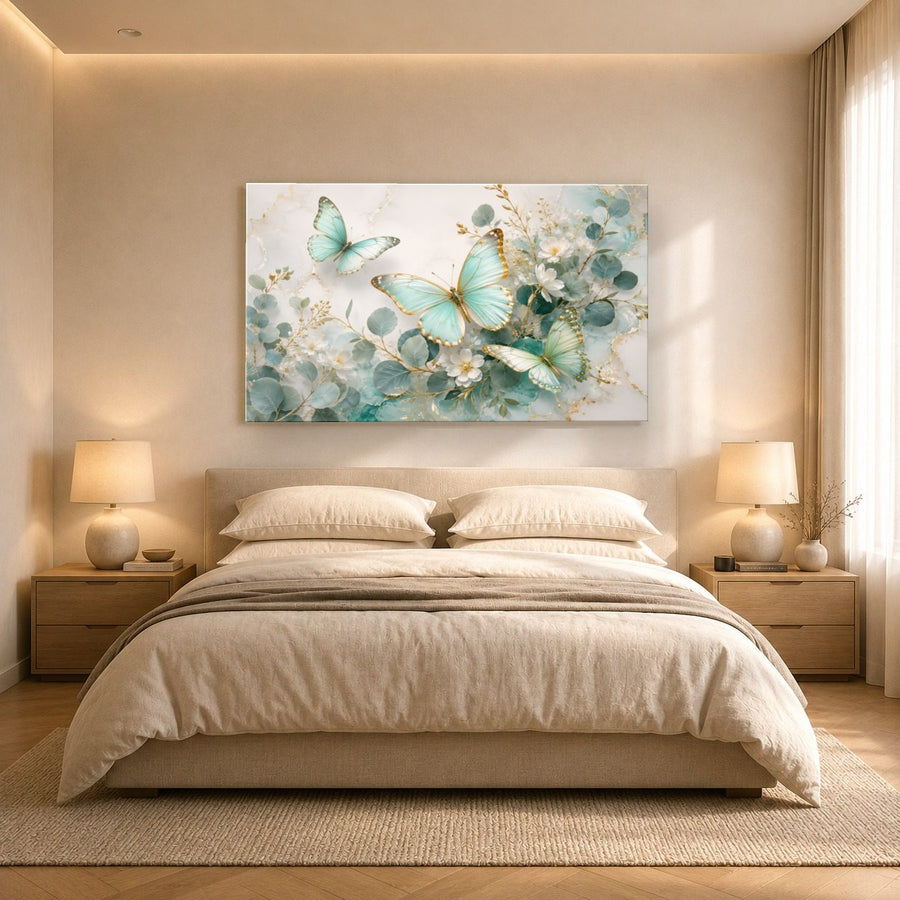 Butterflies 2 tempered glass wall art displayed in a Bedroom Wall Art — premium UV-printed glass panel by Glass Wall Decor
