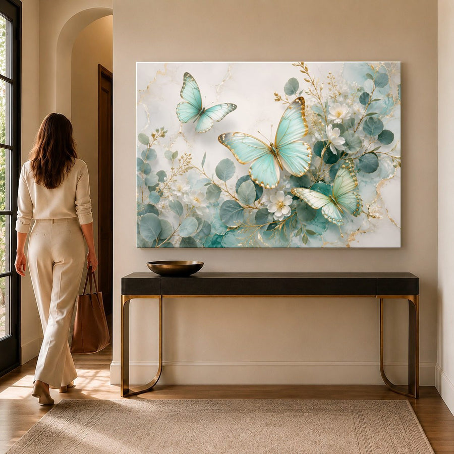 Butterflies 2 tempered glass wall art displayed in a Entryway Wall Art — premium UV-printed glass panel by Glass Wall Decor