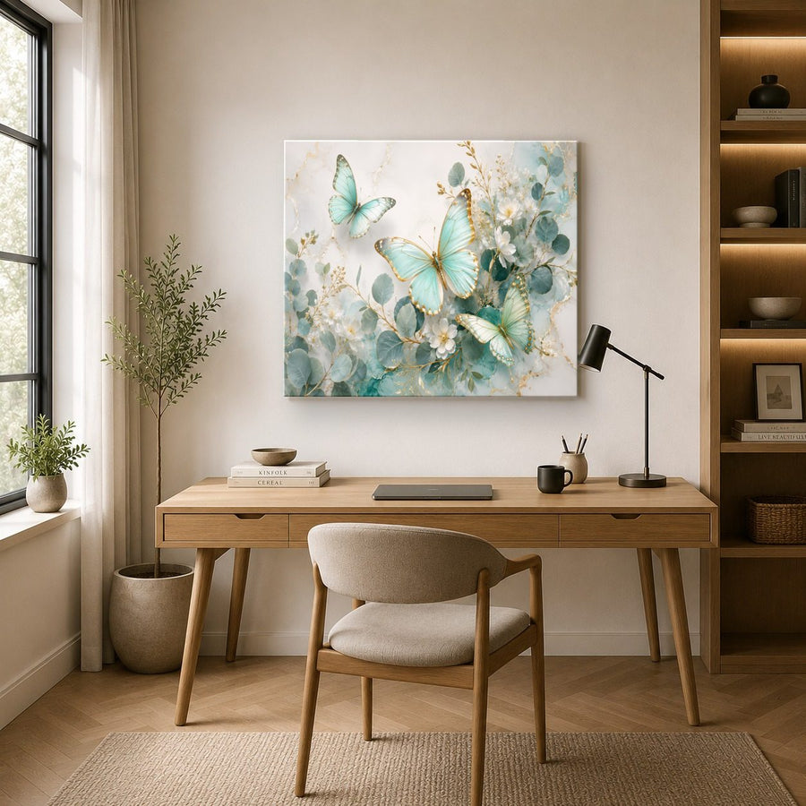 Butterflies 2 tempered glass wall art displayed in a Office Wall Art — premium UV-printed glass panel by Glass Wall Decor