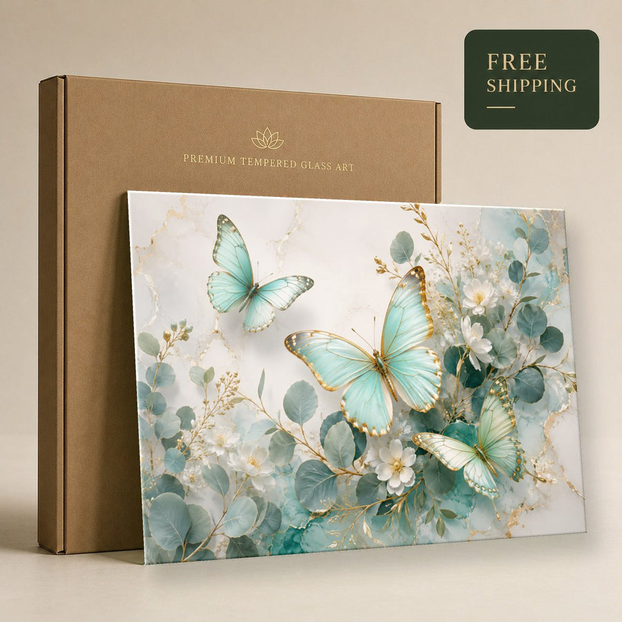 Butterflies 2 tempered glass wall art displayed in a Tempered Glass Wall Art — premium UV-printed glass panel by Glass Wall Decor