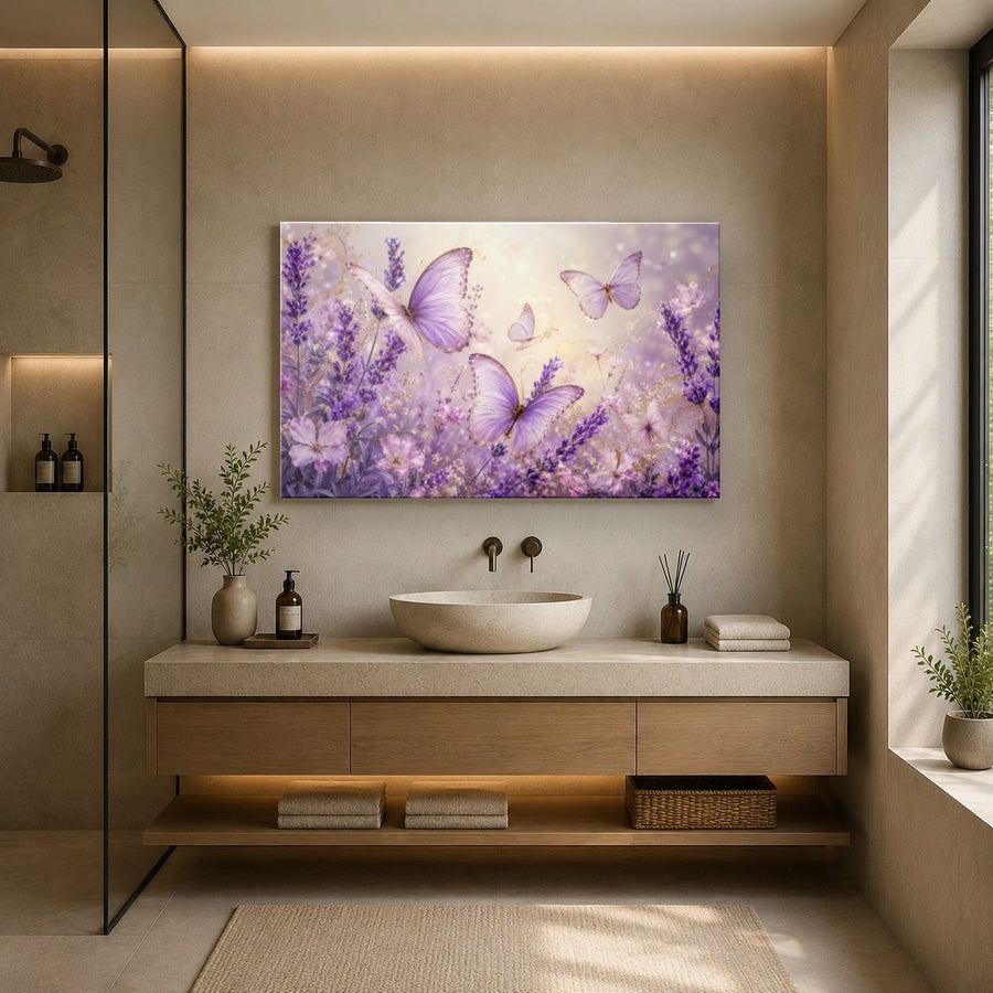 Butterflies 3 tempered glass wall art displayed in a Bathroom Wall Art — premium UV-printed glass panel by Glass Wall Decor