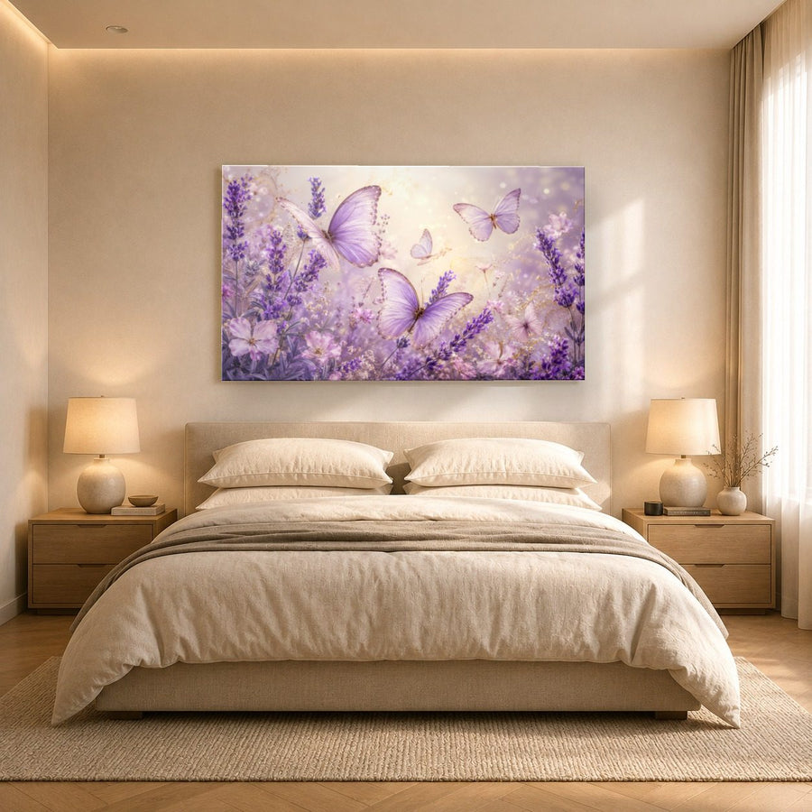 Butterflies 3 tempered glass wall art displayed in a Bedroom Wall Art — premium UV-printed glass panel by Glass Wall Decor